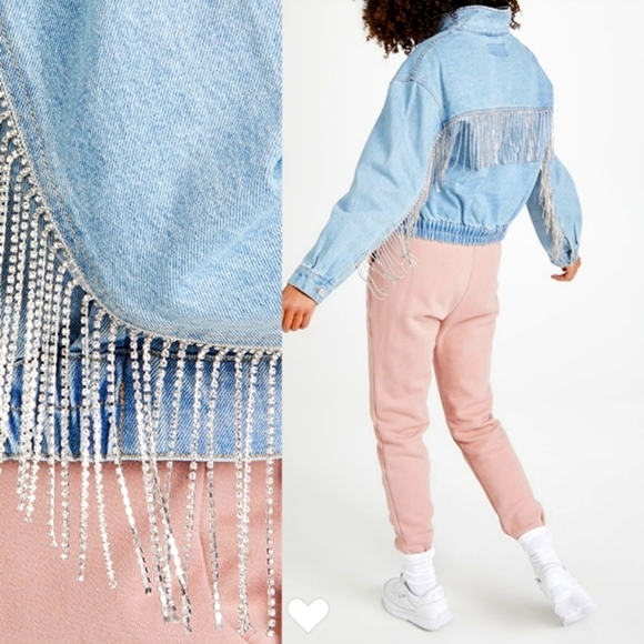 LAST ONE! Free People Rhinestone Fringe Denim Bomber Jacket Meteor Wash - Picture 9 of 15